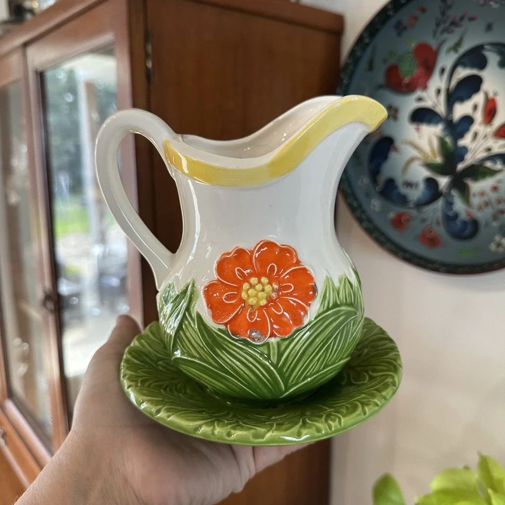 VTG Hand Painted Ceramic Floral Lady Bug Vase Pitcher & Plate Set Cottagecore